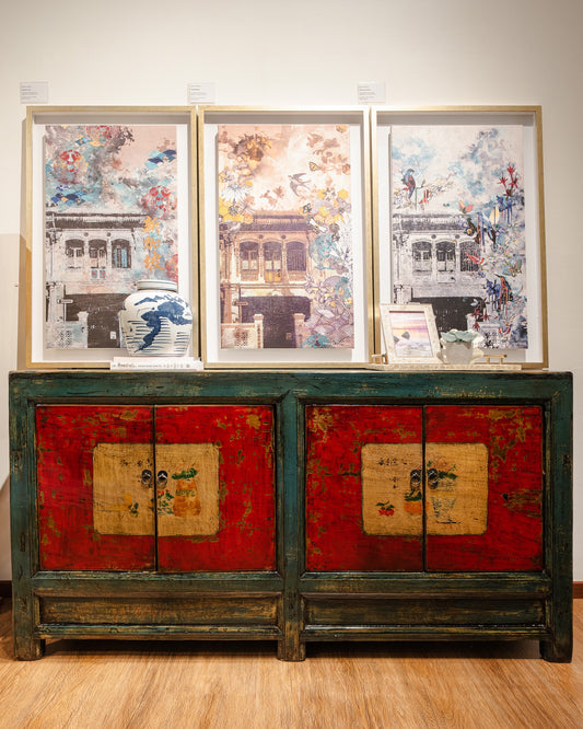 Antique Green on Coral Gansu Handpainted Sideboard