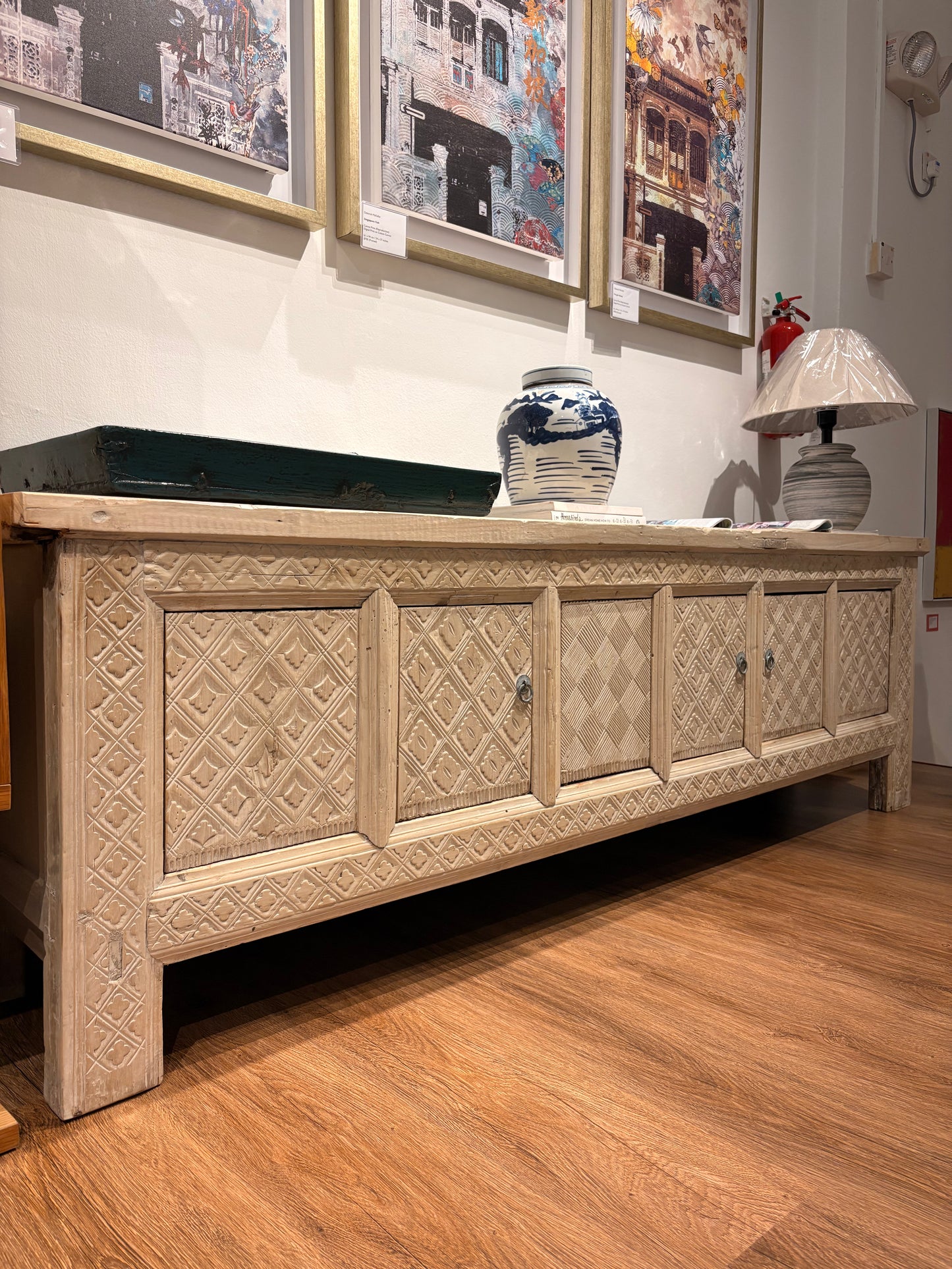 Antique Cream Handcarved Low Sideboard