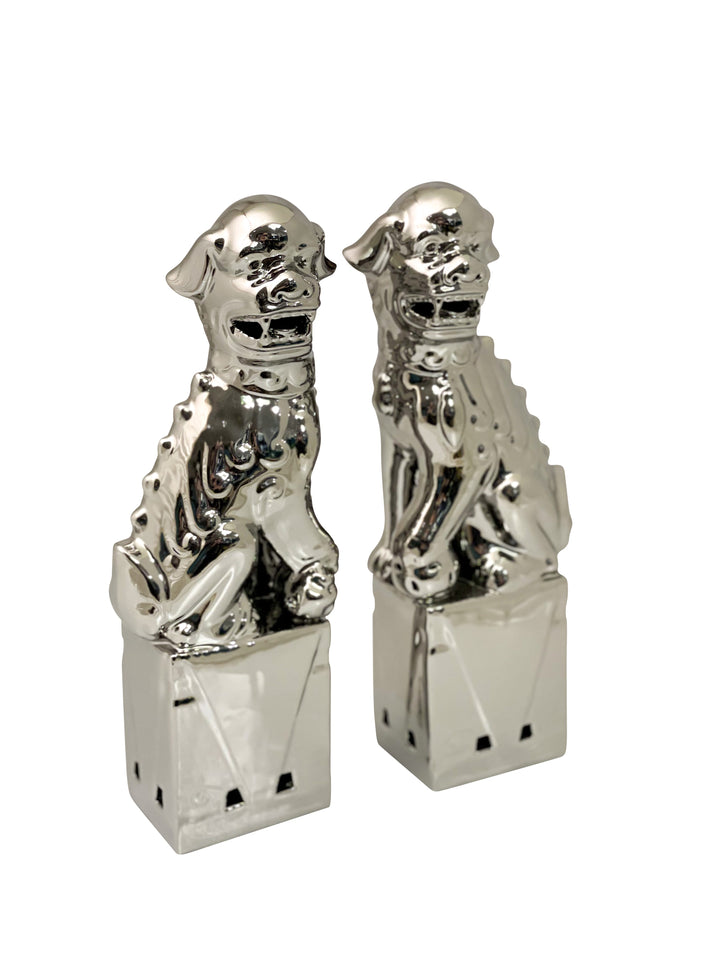Pair of Ceramic Foo Dogs, Silver