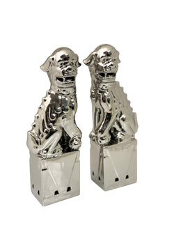 Pair of Large Ceramic Foo Dogs, Silver