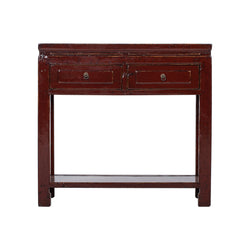 Antique Red Shandong 2 Drawer Narrow Desk with Bottom Shelf