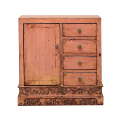 Antique Pink-Red Shandong Book Cabinet With 1 Door 4 Drawers