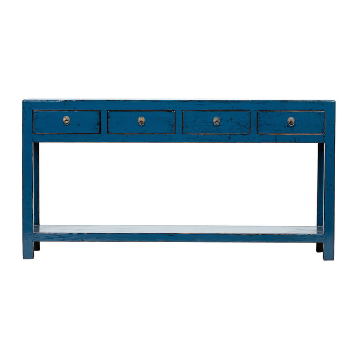 Blue 4 Drawer Console With Bottom Shelf